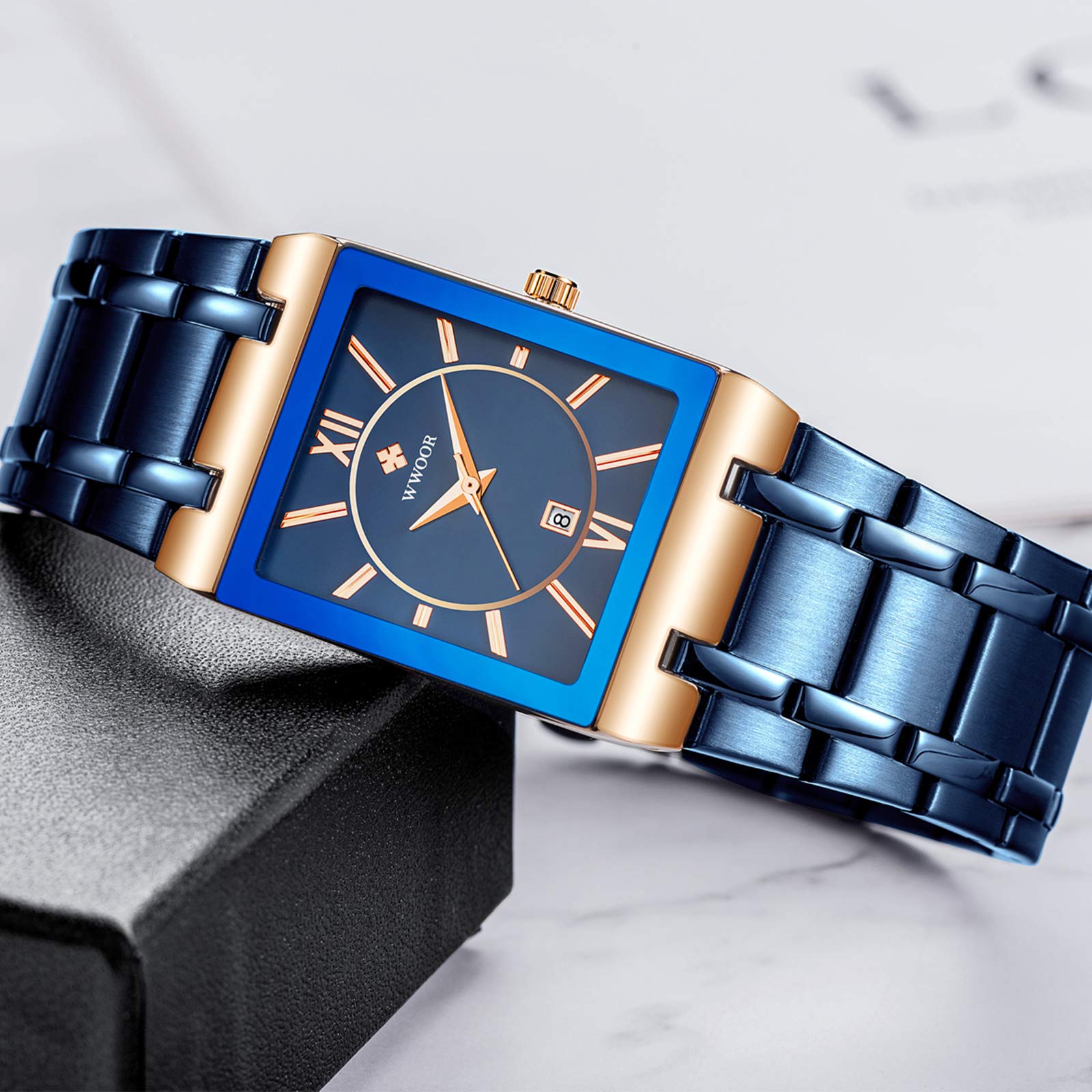 WWOOR Square Watches for Men Stainless Steel Waterproof Analog Quartz Fashion Business Casual Wristwatch with Date - View 6 of 7