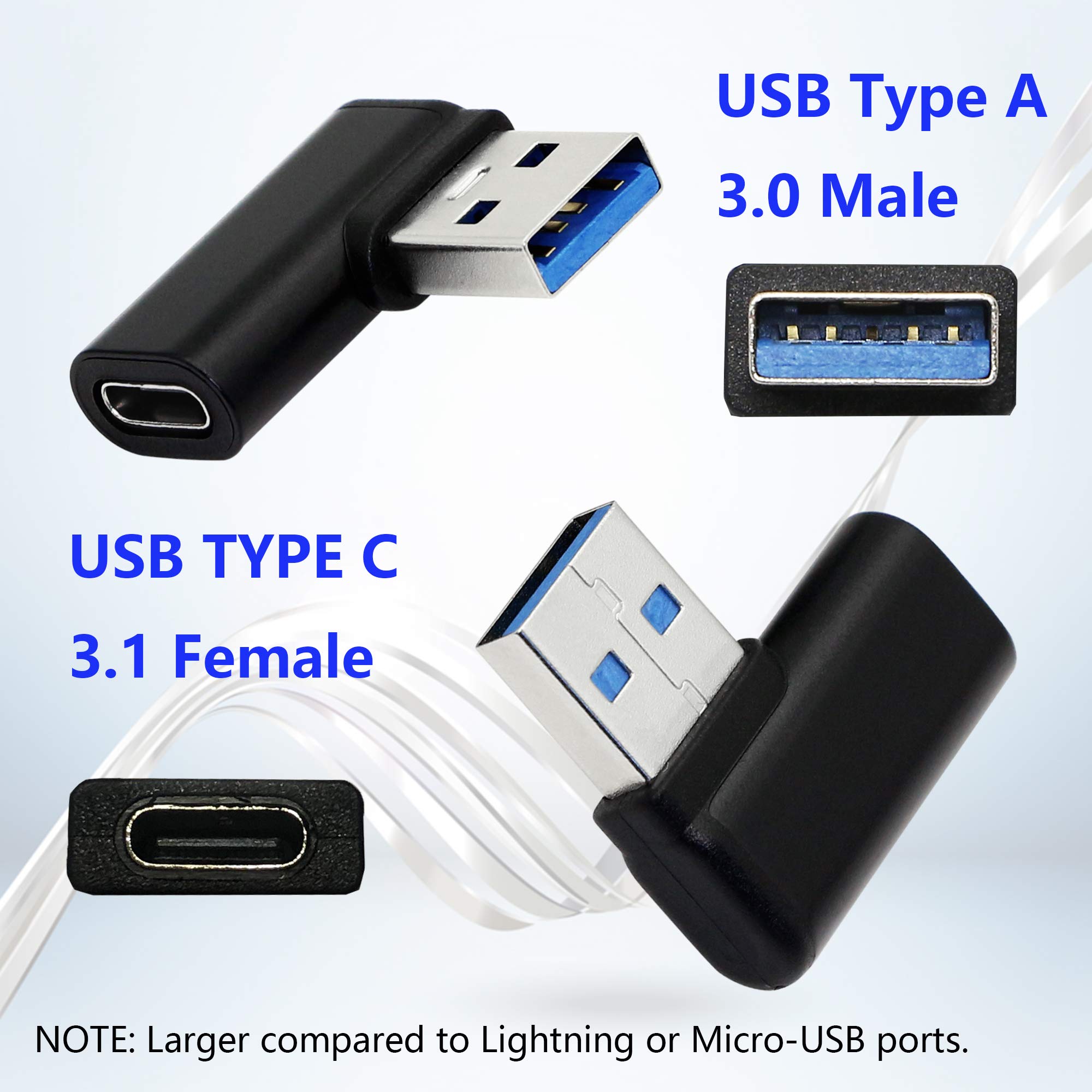 CERRXIAN 90 Degree USB C to USB A Adapter Right Angle Left Angle USB A 3.0 Male to USB Type C 3.1 Female Connector 2-Pack - View 2 of 7