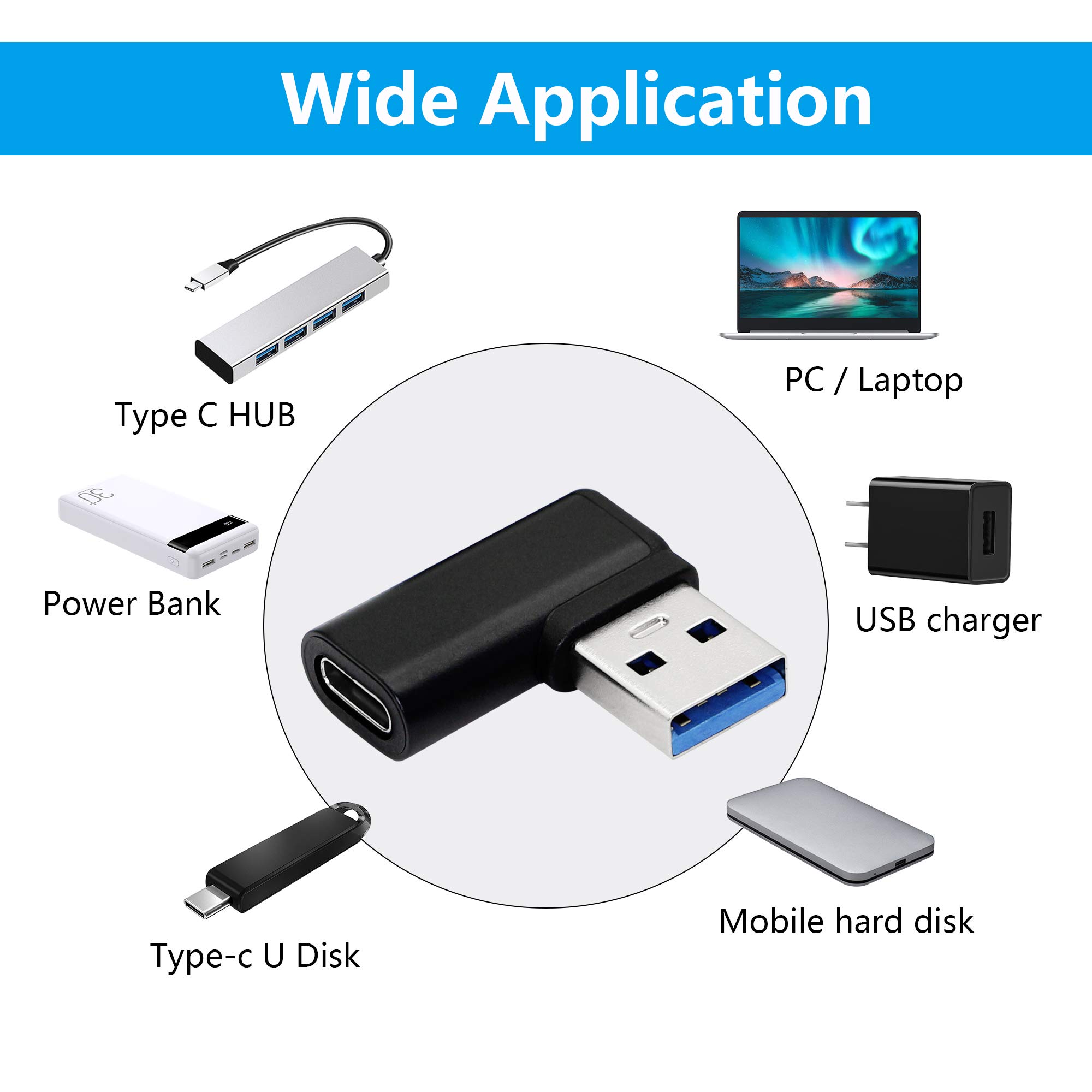 CERRXIAN 90 Degree USB C to USB A Adapter Right Angle Left Angle USB A 3.0 Male to USB Type C 3.1 Female Connector 2-Pack - View 7 of 7