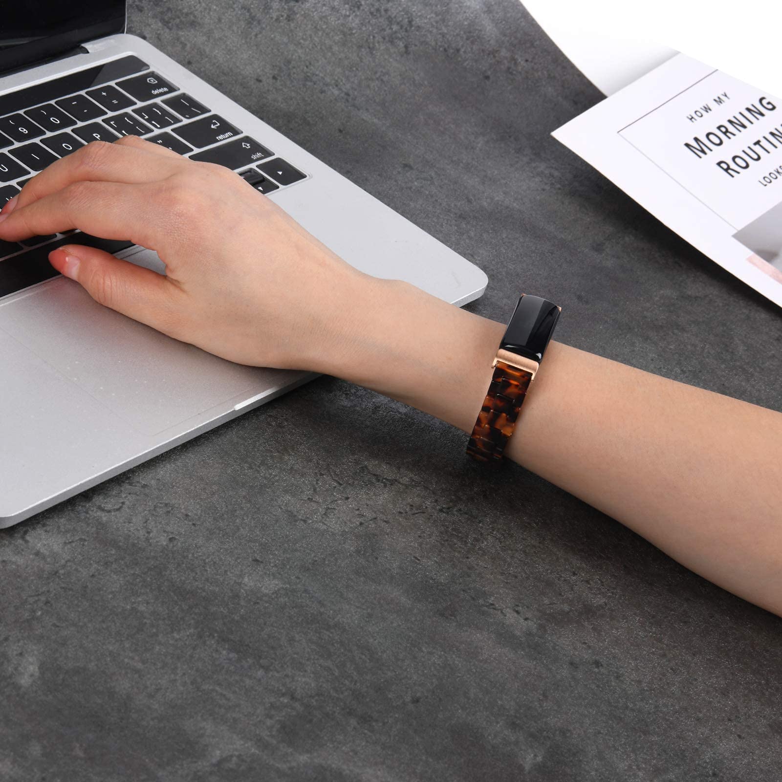 Wongeto Fitbit Inspire 2 HR Bands for Women Resin Strap Accessories Rose Gold Tortoise - View 7 of 8