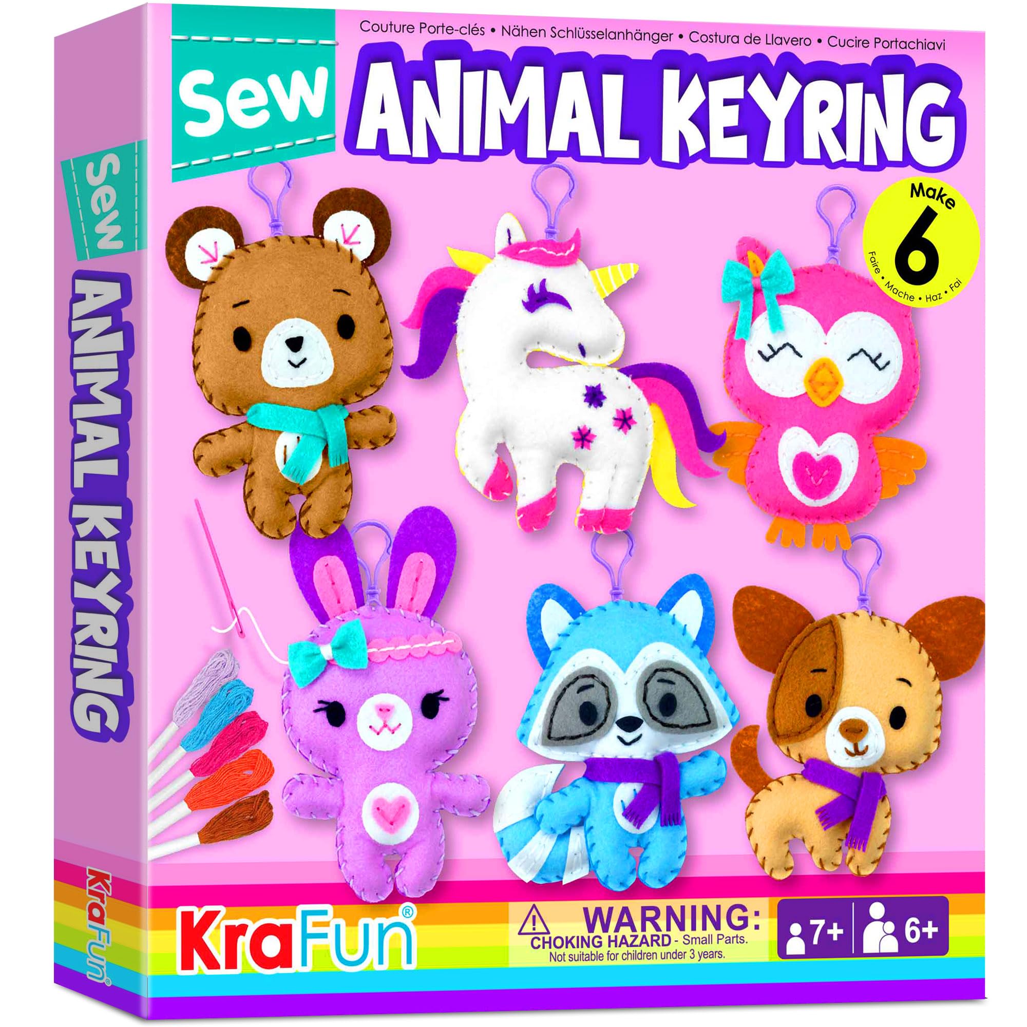 KRAFUN Unicorn Sewing Keyring Kit for Kids Age 7 to 12 with 6 Stuffed Animal Dolls and Craft Materials for Creative Learning