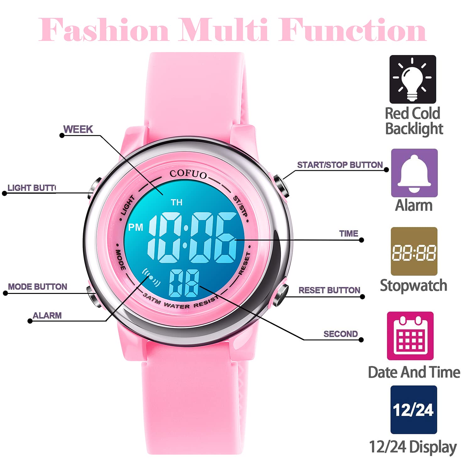 Kids Digital Waterproof Sport Watch for Girls and Boys with LED Alarm Stopwatch for Ages 3-12 - View 3 of 7