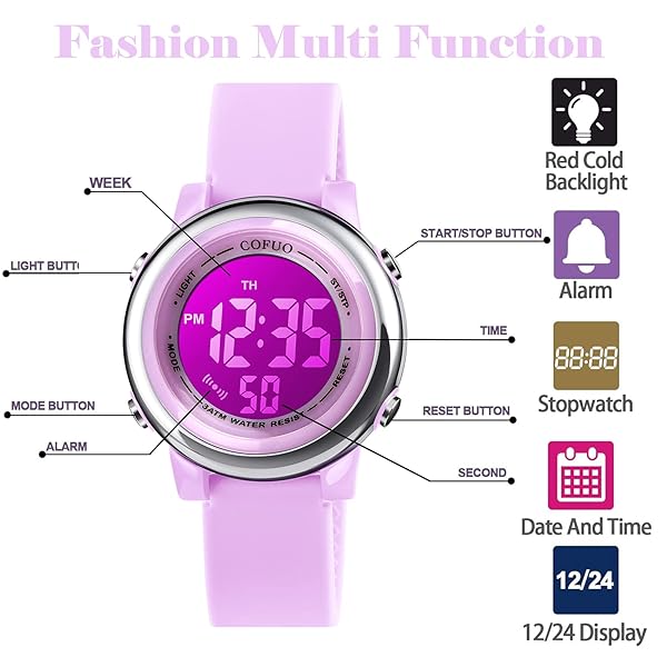 cofuo Kids Digital Waterproof Sport Watch for Girls and Boys LED Alarm Stopwatch Wristwatch for Ages 3 to 12 Outdoor Activities - View 4 of 8