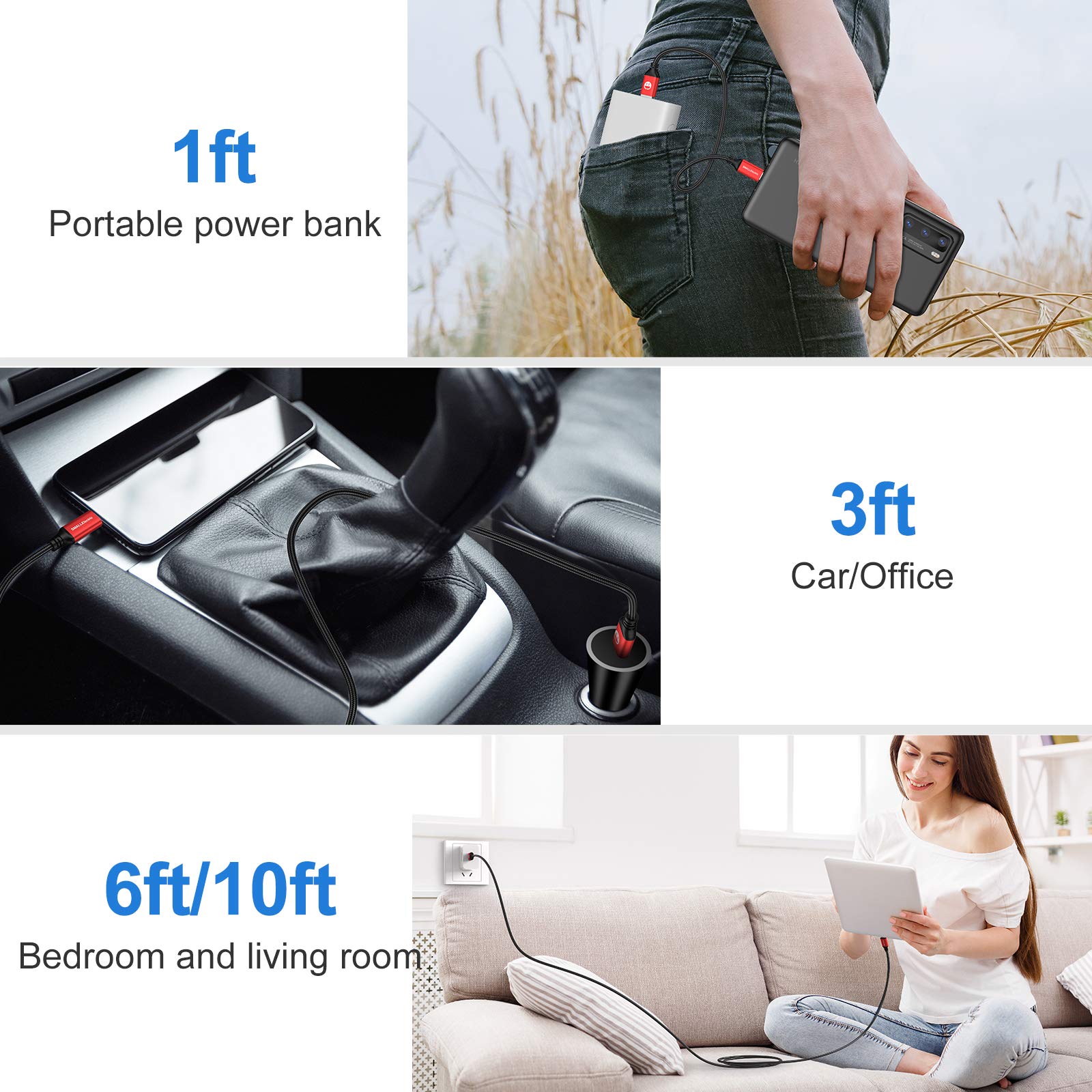 10ft USB C Cable 5Pack Extra Long Fast Charging Braided Cord Compatible with Galaxy S10 S20 Note 10 LG V50 V40 G8 G7 Red - View 5 of 7