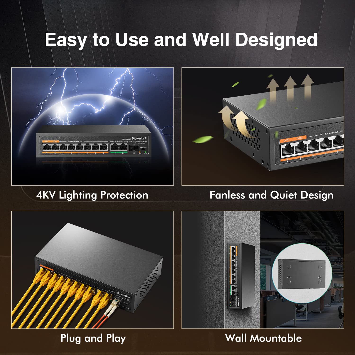 MokerLink 11 Port Gigabit PoE Switch 8 PoE+ Ports 2 Gigabit Uplinks 1 SFP Port 120W AI Detection Fanless Metal Plug and Play Unmanaged Switch - View 5 of 7