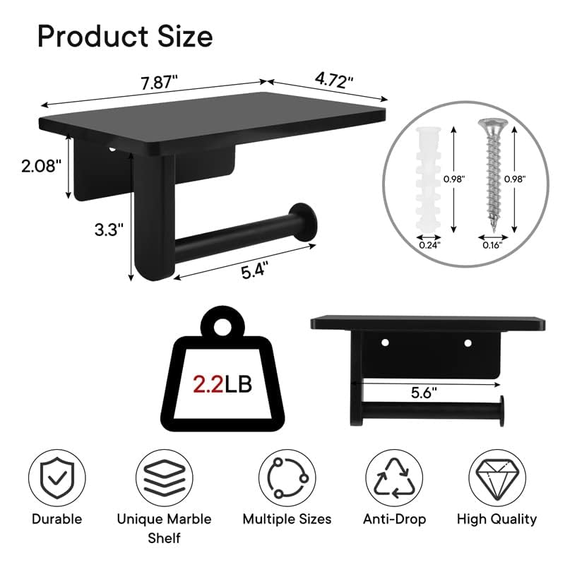 Toilet Paper Holder with Natural Marble Shelf Wall Mounted for Mega Roll Black Bathroom Washroom 7.87 x 4.72 Inches - View 2 of 7