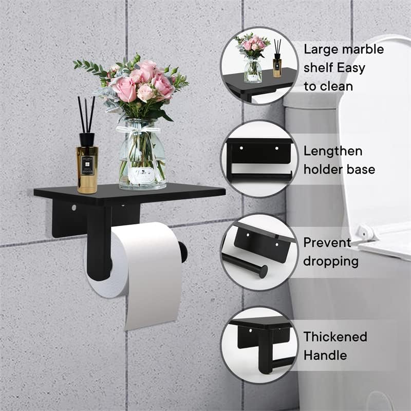 Toilet Paper Holder with Natural Marble Shelf Wall Mounted for Mega Roll Black Bathroom Washroom 7.87 x 4.72 Inches - View 3 of 7