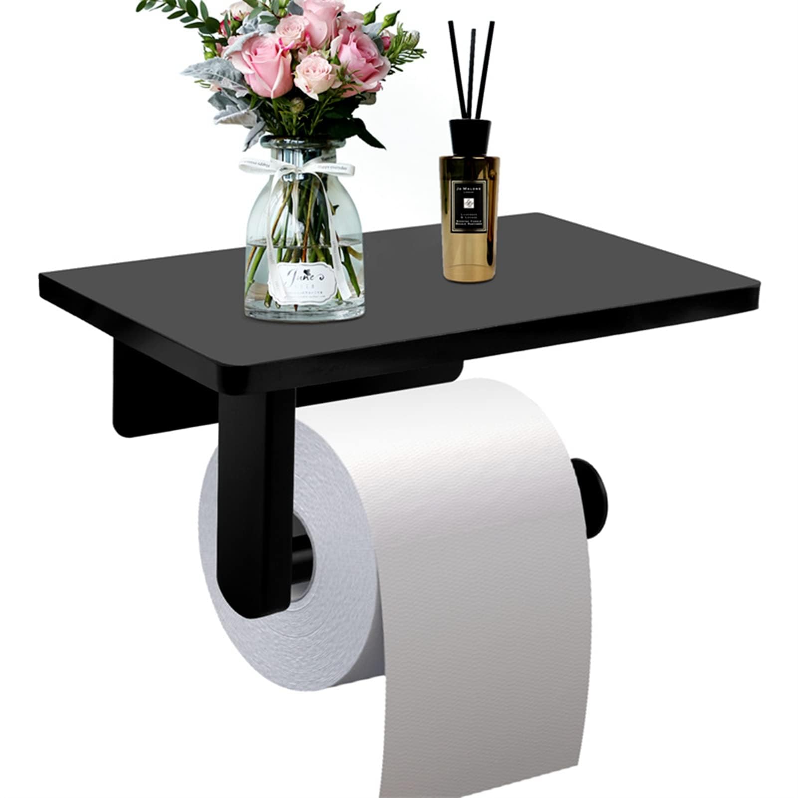 Toilet Paper Holder with Natural Marble Shelf Wall Mounted for Mega Roll Black Bathroom Washroom 7.87 x 4.72 Inches