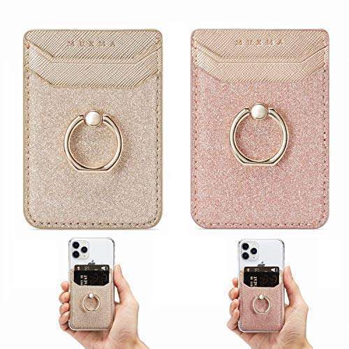 DMaos DMaos RFID Phone Card Holder Sleeve with Kickstand - 2 Glitter Wallets for iPhone & Android - Pink & Gold