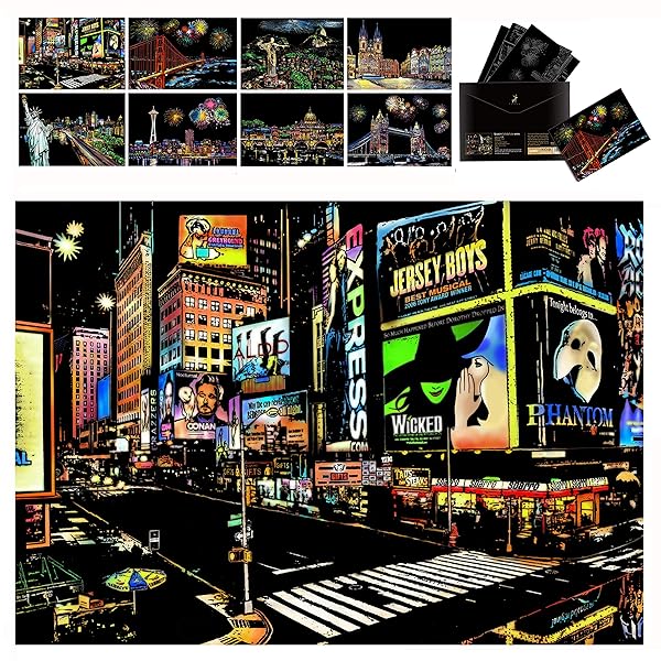 Niewalda Scratch & Sketch Art Paper A4: 8PC Rainbow Scratch Cards & Drawing Pen for Kids & Adults - Create Stunning Night View Art!