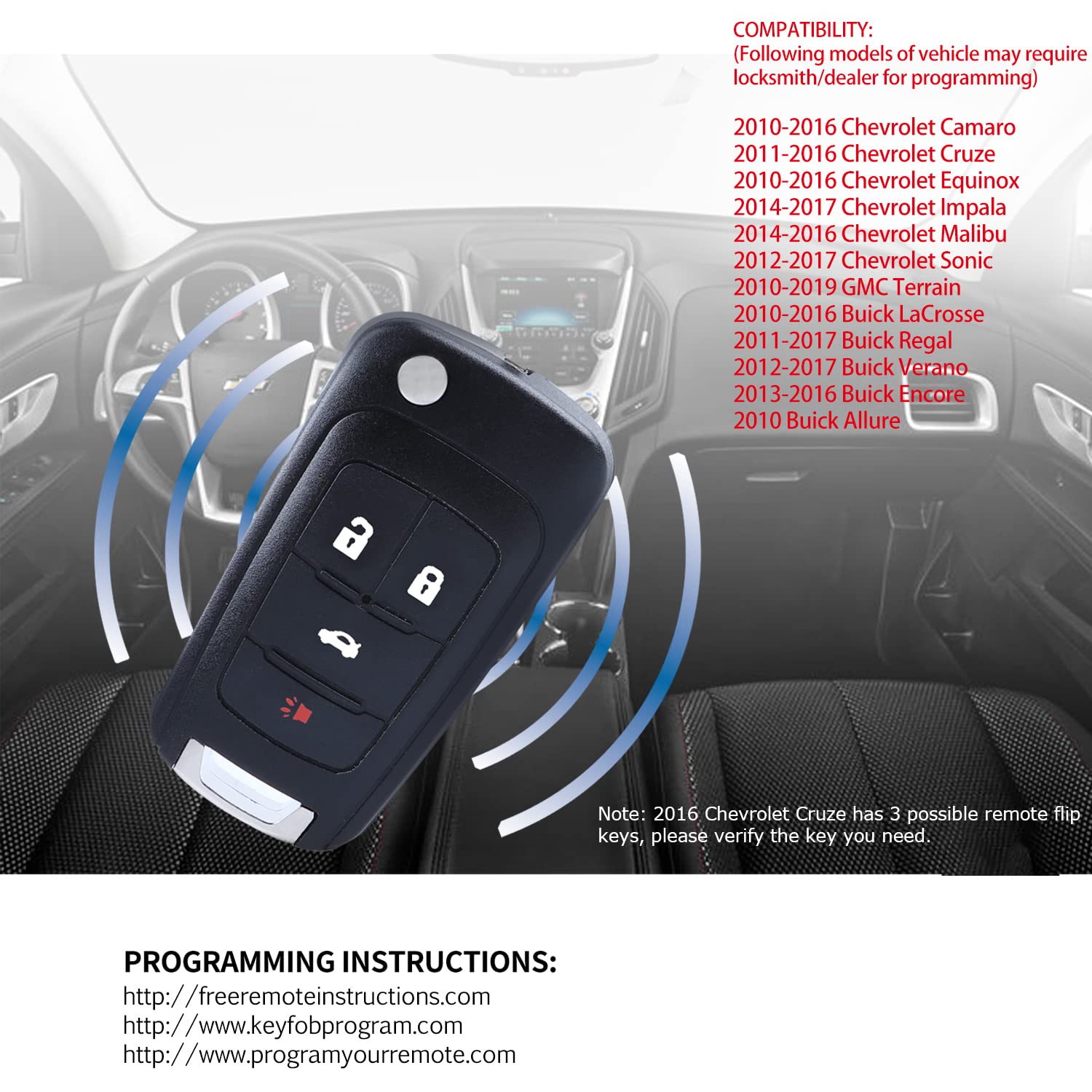 Keyless Entry Remote Flip for 2010-2017 Chevy Equinox Sonic Malibu Camaro Cruze and 2010-2016 Buick Lacrosse Regal Verano Pack of 2 - View 2 of 6