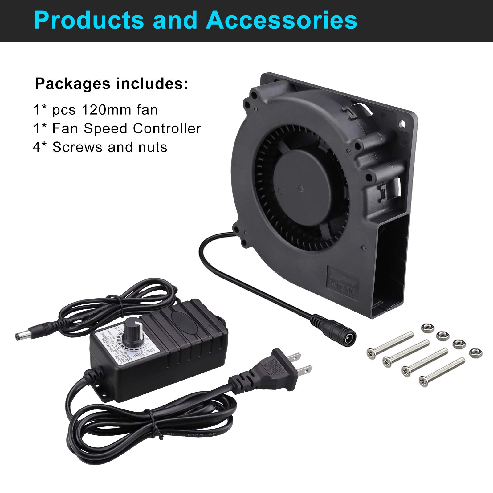 Wathai 120mm Blower Centrifugal Fan AC Powered with Speed Controller High Airflow for Receiver DVR Xbox Modem AV Cabinet Cooling - View 6 of 7