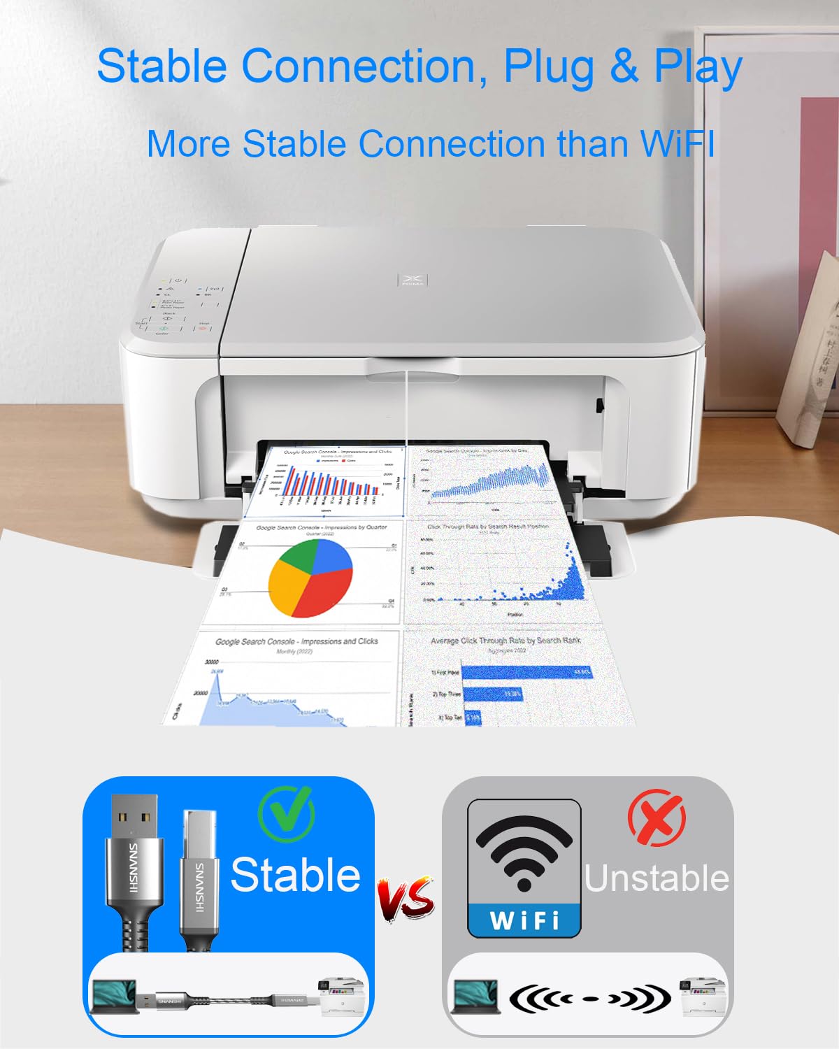 USB Printer Cable 25ft USB2.0 A to B for HP Canon Brother Samsung Dell Epson Lexmark Xerox Stable Connection Plug and Play - View 2 of 7