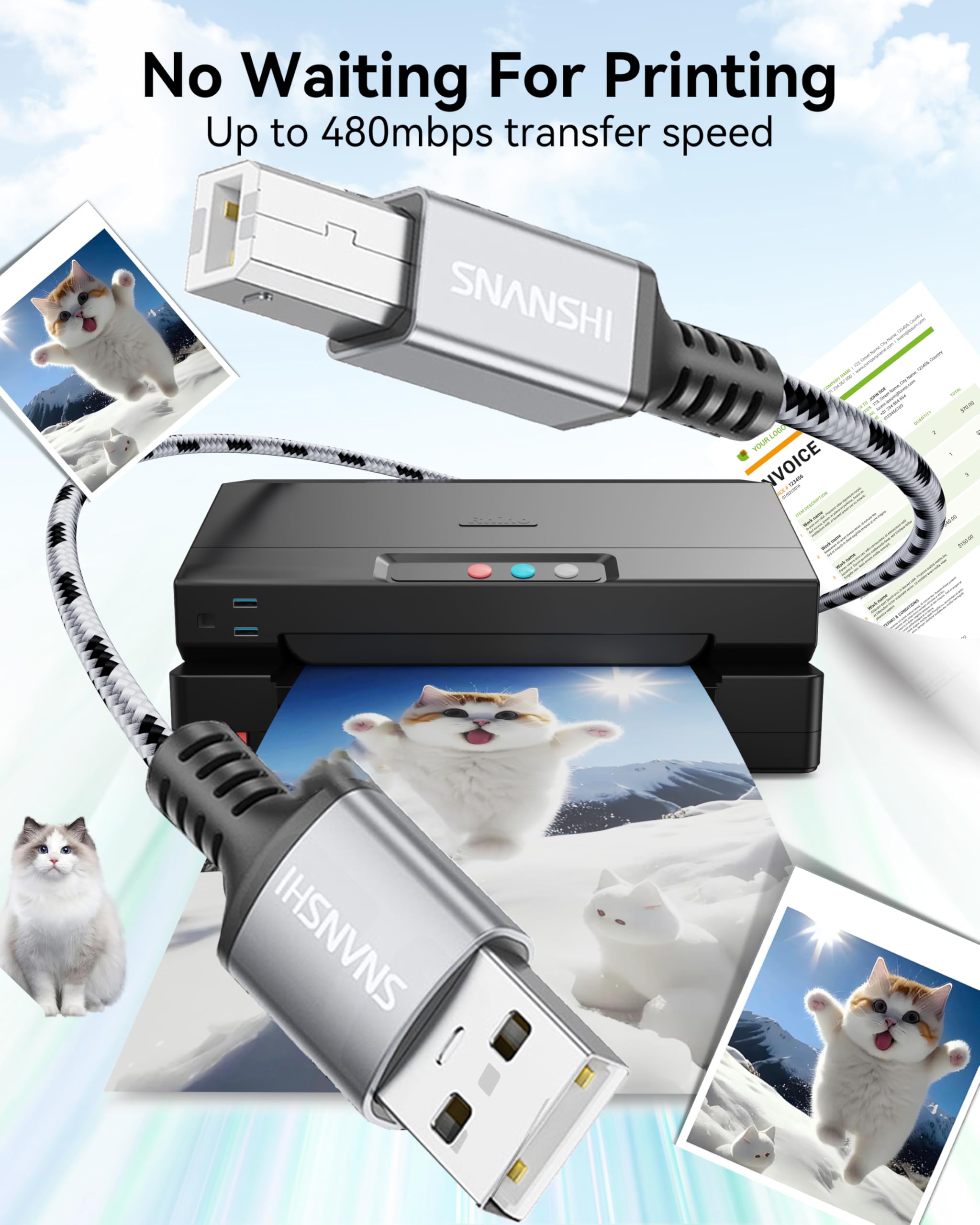 USB Printer Cable 25ft USB2.0 A to B for HP Canon Brother Samsung Dell Epson Lexmark Xerox Stable Connection Plug and Play - View 5 of 7