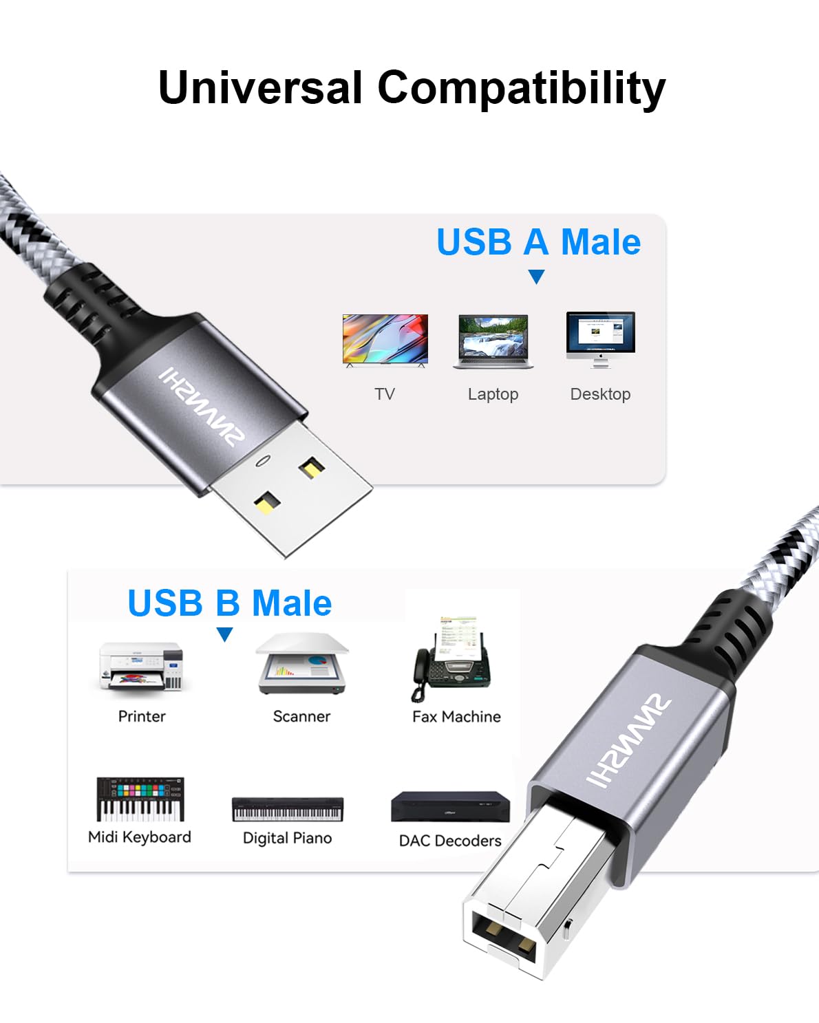 USB Printer Cable 25ft USB2.0 A to B for HP Canon Brother Samsung Dell Epson Lexmark Xerox Stable Connection Plug and Play - View 7 of 7