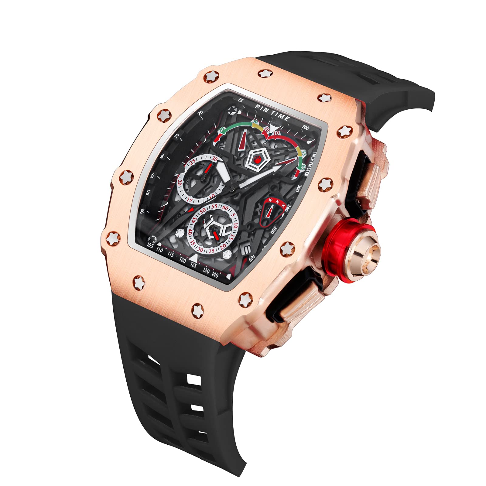 PINTIME Fashion Mens Tonneau Hollow Punk Chronograph Sports Wristwatch Luxury Designer Quartz Silicone Watch - View 2 of 6