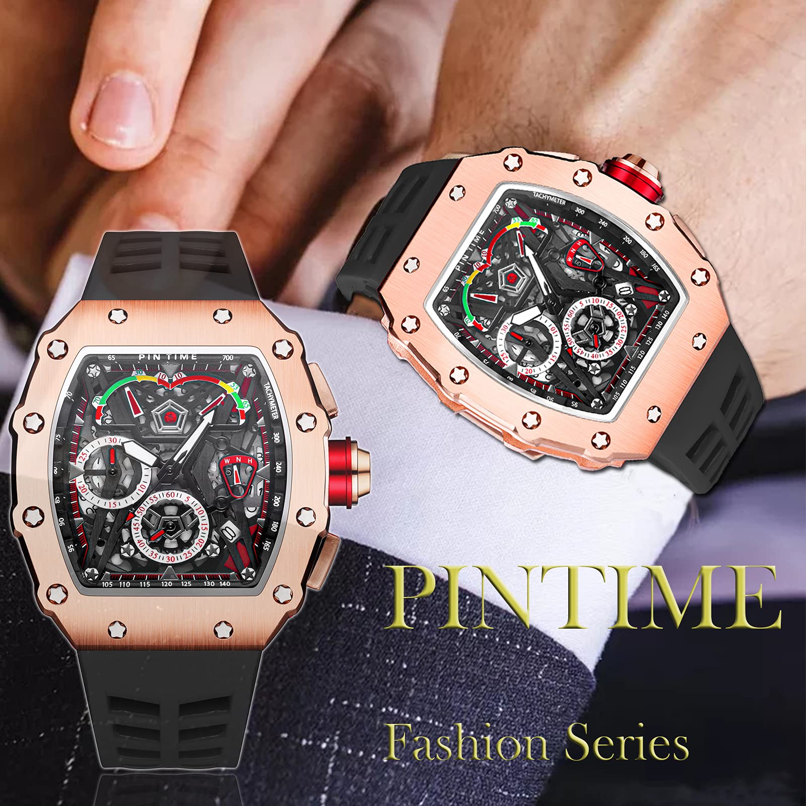PINTIME Fashion Mens Tonneau Hollow Punk Chronograph Sports Wristwatch Luxury Designer Quartz Silicone Watch - View 3 of 6