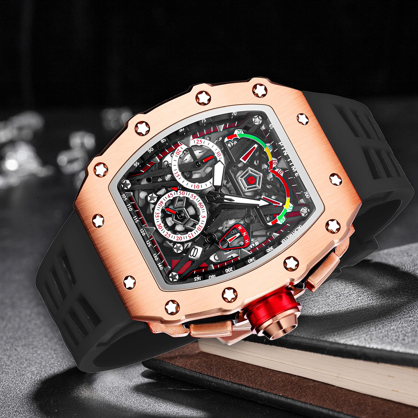 PINTIME Fashion Mens Tonneau Hollow Punk Chronograph Sports Wristwatch Luxury Designer Quartz Silicone Watch - View 4 of 6