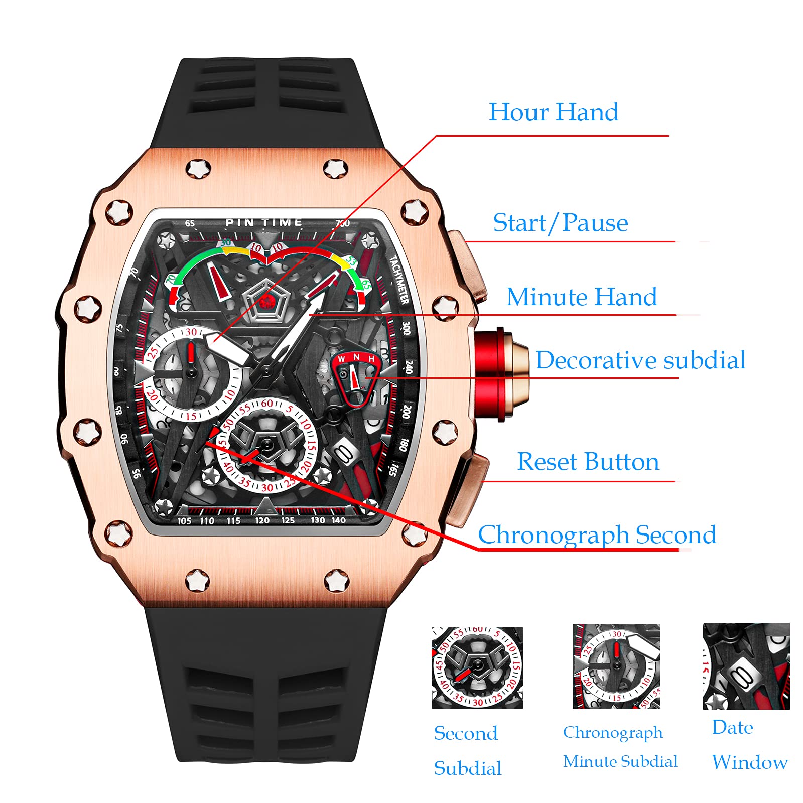 PINTIME Fashion Mens Tonneau Hollow Punk Chronograph Sports Wristwatch Luxury Designer Quartz Silicone Watch - View 5 of 6