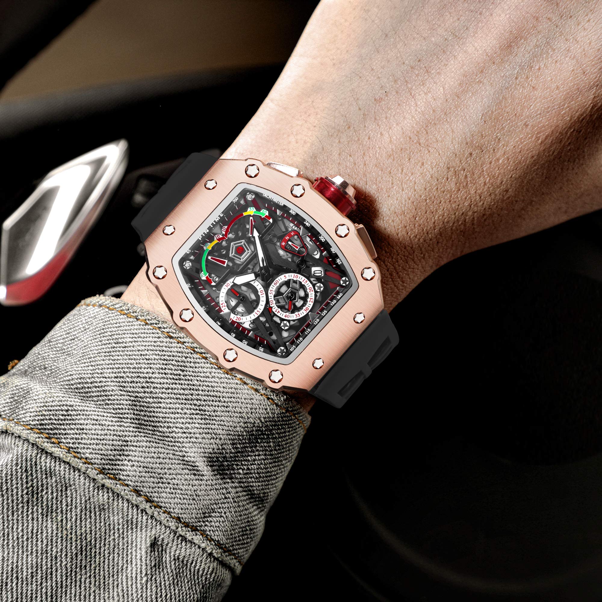 PINTIME Fashion Mens Tonneau Hollow Punk Chronograph Sports Wristwatch Luxury Designer Quartz Silicone Watch - View 6 of 6