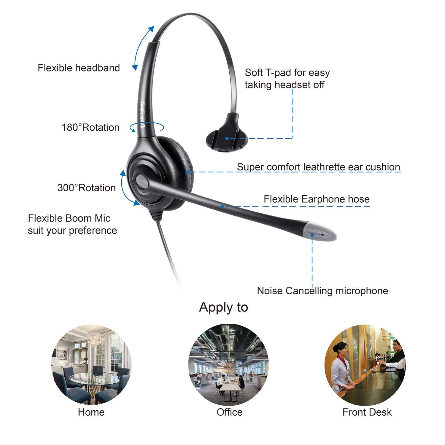 VoiceJoy HD261 USB Headset with Quick Disconnect Adapter Noise Cancelling Microphone for PC Business Use Wired Headphone - View 2 of 8