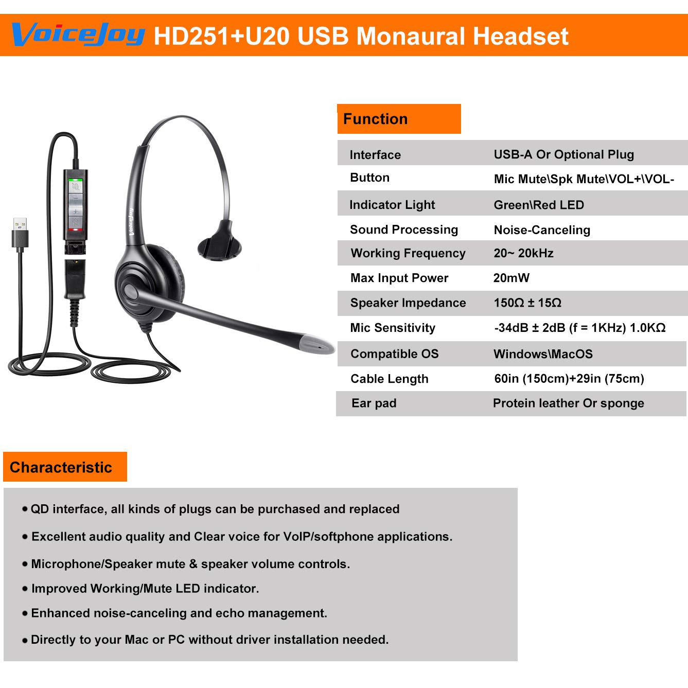 VoiceJoy HD261 USB Headset with Quick Disconnect Adapter Noise Cancelling Microphone for PC Business Use Wired Headphone - View 6 of 8