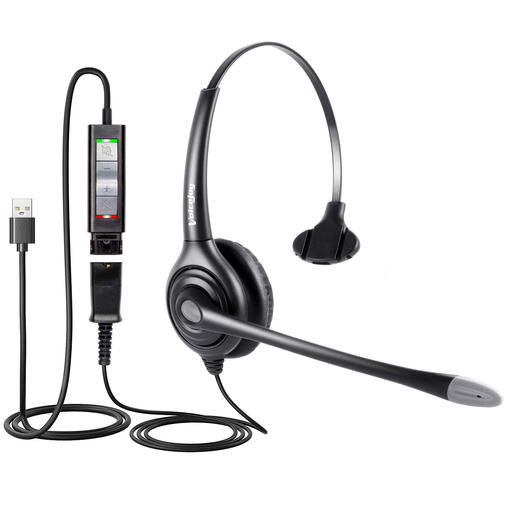 VoiceJoy HD261 USB Headset with Quick Disconnect Adapter Noise Cancelling Microphone for PC Business Use Wired Headphone