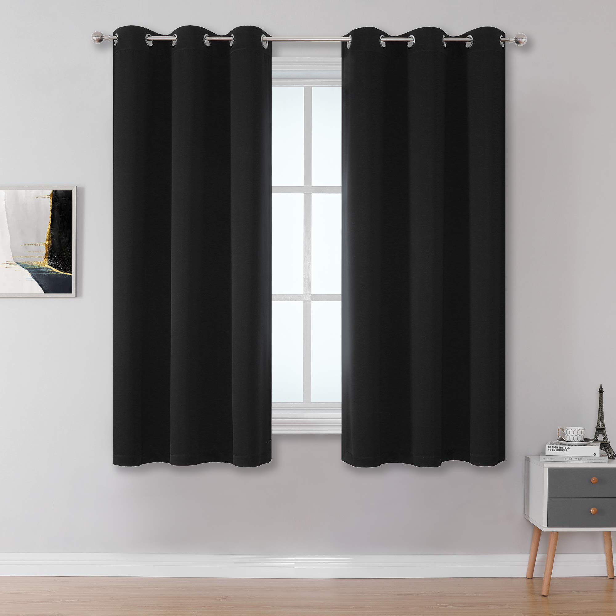38 Inch Blackout Curtains 2 Panels Thermal Insulating Grommet Drapes for Bathroom Room Darkening Bedroom Curtains Black 45 Inch Width