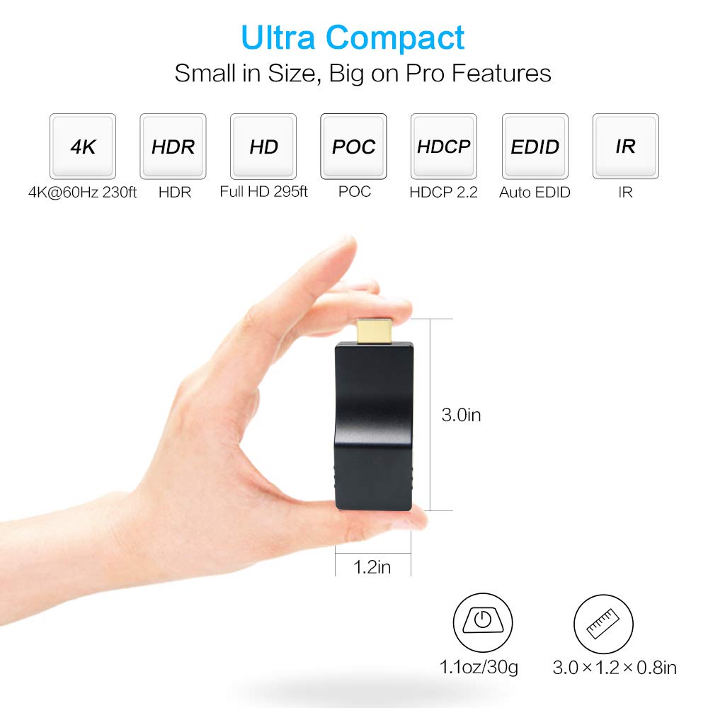 DDMALL Mini 4K HDMI Extender Over Single CAT5e/CAT6/7 Cable with IR Remote 230ft at 4K 60Hz 295ft at 1080P POC HDR HDMI 2.0 HDCP 2.2 1.4 EDID - View 2 of 9