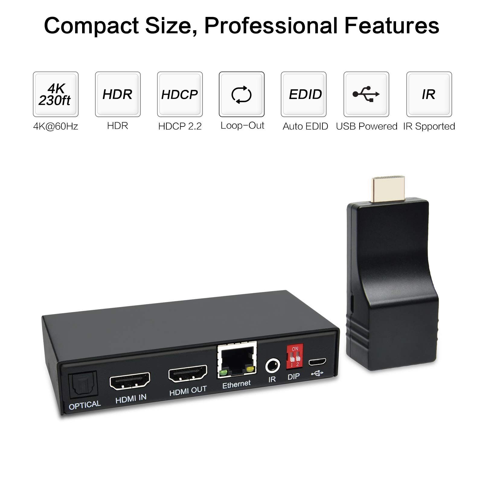 DDMALL 4K HDMI Extender Over CAT5e/6/7 Cable with IR Remote Up to 230ft 4K60Hz Supports Loop Out HDR HDCP 2.2 EDID HDMI 2.0 SPDIF and Analog Audio - View 2 of 8