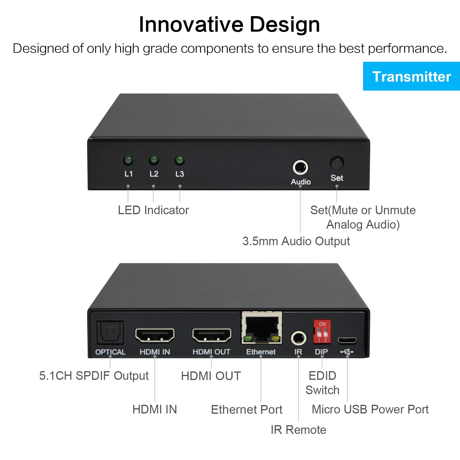DDMALL 4K HDMI Extender Over CAT5e/6/7 Cable with IR Remote Up to 230ft 4K60Hz Supports Loop Out HDR HDCP 2.2 EDID HDMI 2.0 SPDIF and Analog Audio - View 5 of 8