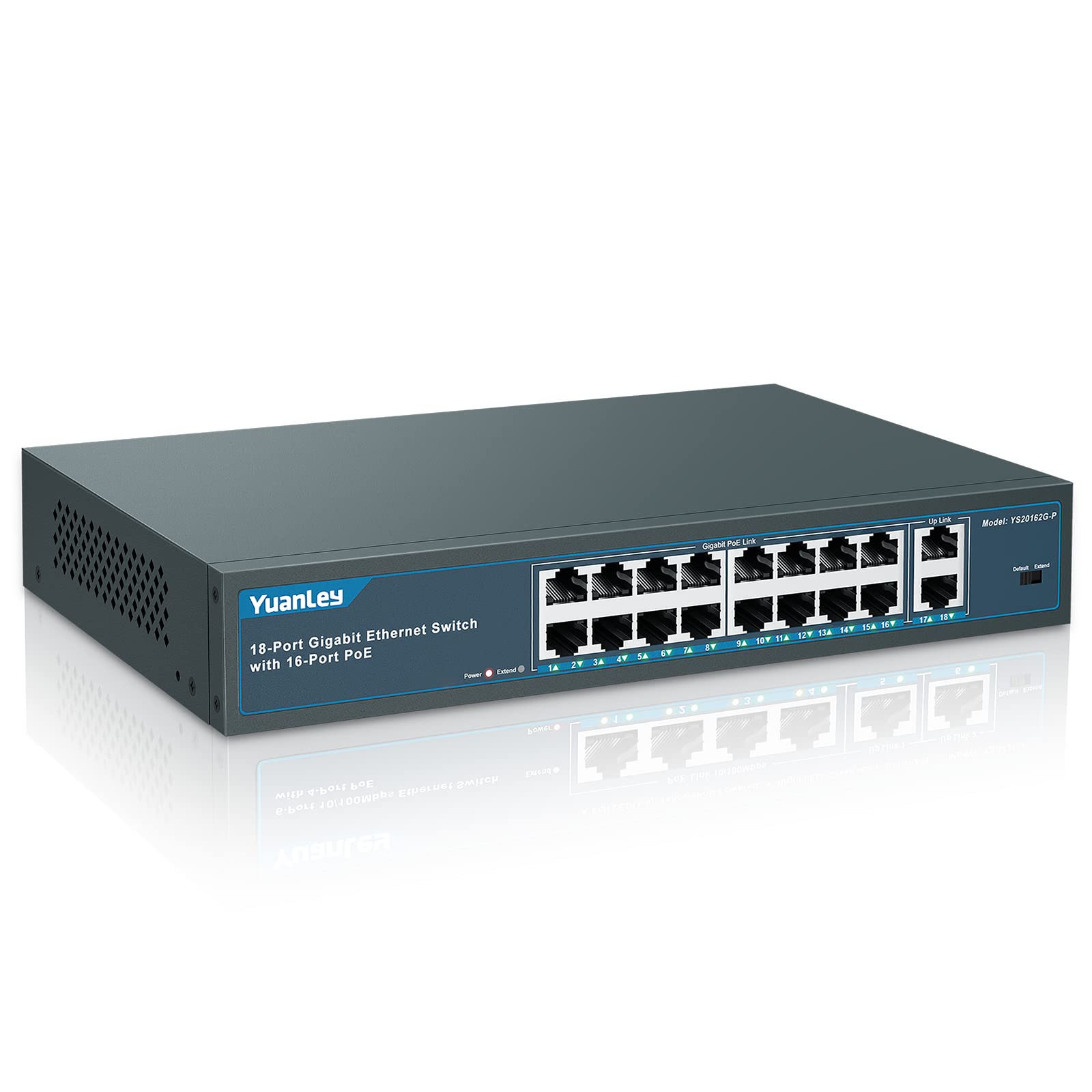 YuanLey 16 Port Gigabit PoE Switch 250W Unmanaged Plug and Play Metal Desktop Rackmount with 2 Gigabit Uplink and 16 PoE+ Ports 1000Mbps
