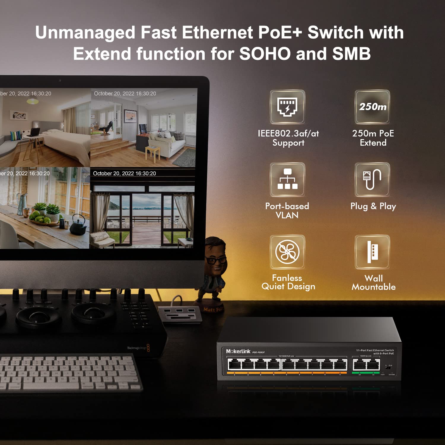 MokerLink 8 Port PoE Switch 6 PoE+ Ports 2 Uplink 100Mbps 78W AI Detection Fanless Metal Plug and Play Network Switch - View 2 of 7