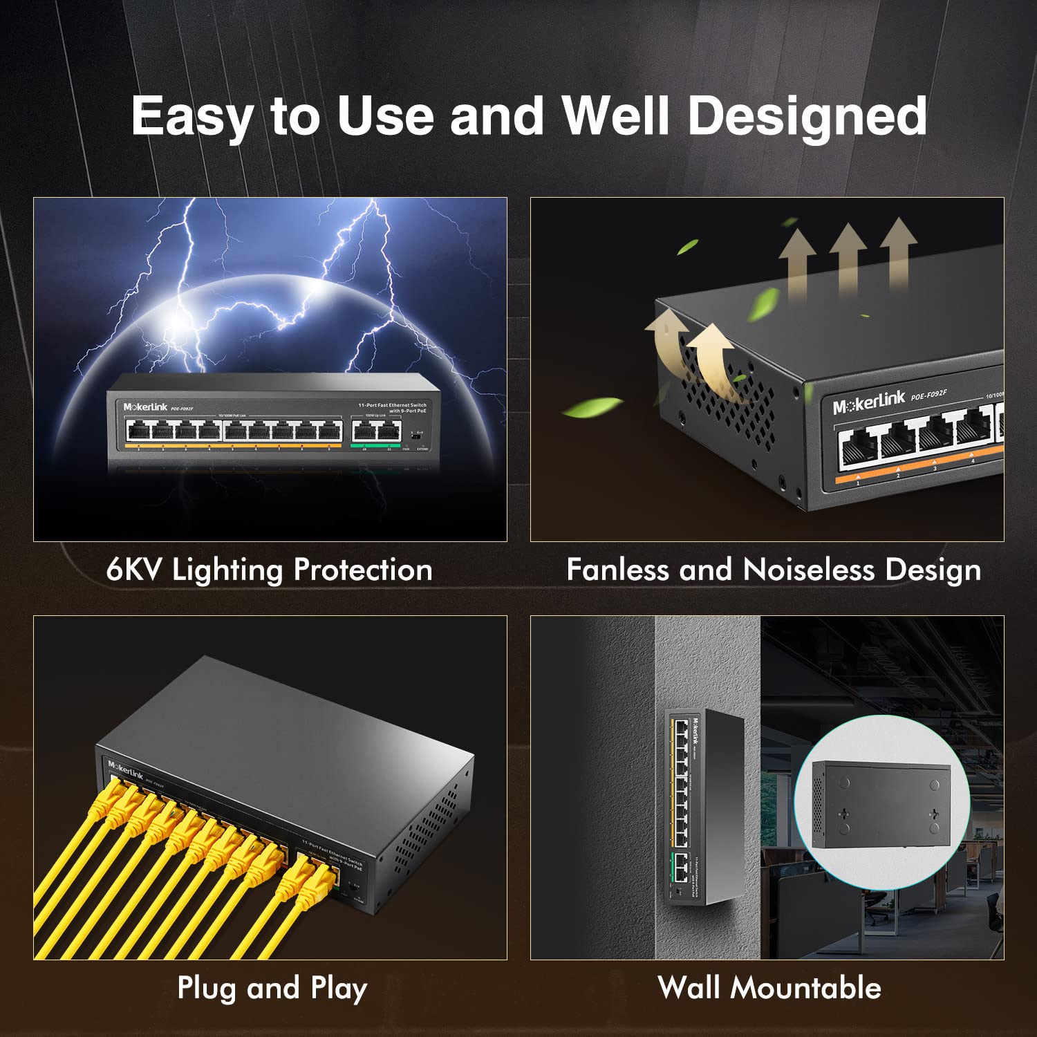 MokerLink 8 Port PoE Switch 6 PoE+ Ports 2 Uplink 100Mbps 78W AI Detection Fanless Metal Plug and Play Network Switch - View 6 of 7