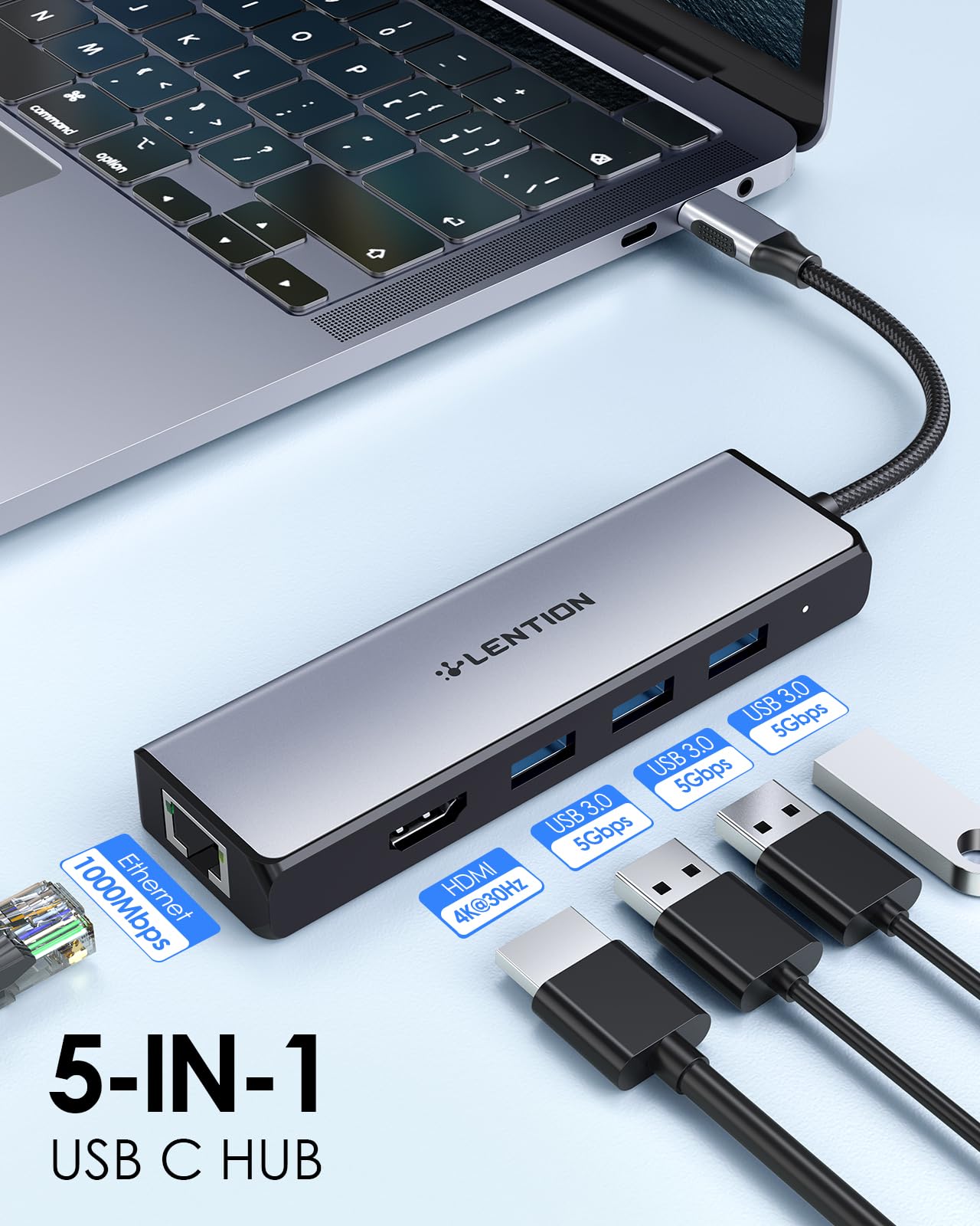 Lention USB C Hub with Gigabit Ethernet 4K HDMI and 3 USB 3.0 Ports for MacBook Pro Air Dell Lenovo HP Laptops Space Gray - View 2 of 8