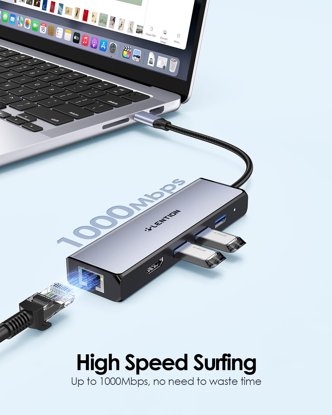 Lention USB C Hub with Gigabit Ethernet 4K HDMI and 3 USB 3.0 Ports for MacBook Pro Air Dell Lenovo HP Laptops Space Gray - View 3 of 8