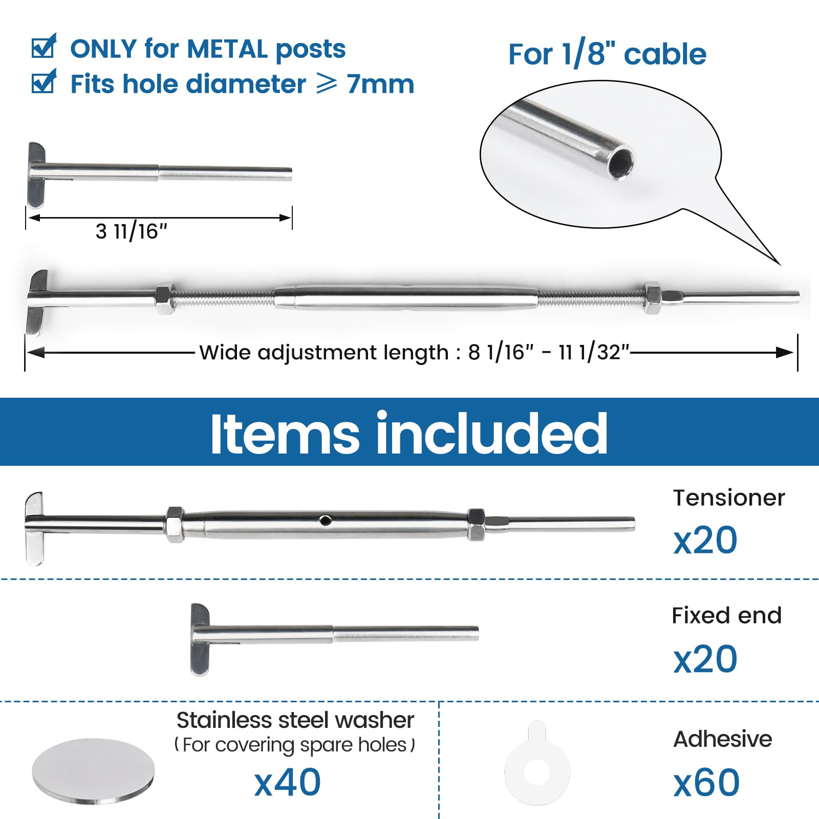 Muzata 20 Pairs Cable Railing Hardware Kit Tensioner for Metal Deck System Adjustable Stairs 40 Pack T316 Stainless Steel - View 2 of 6