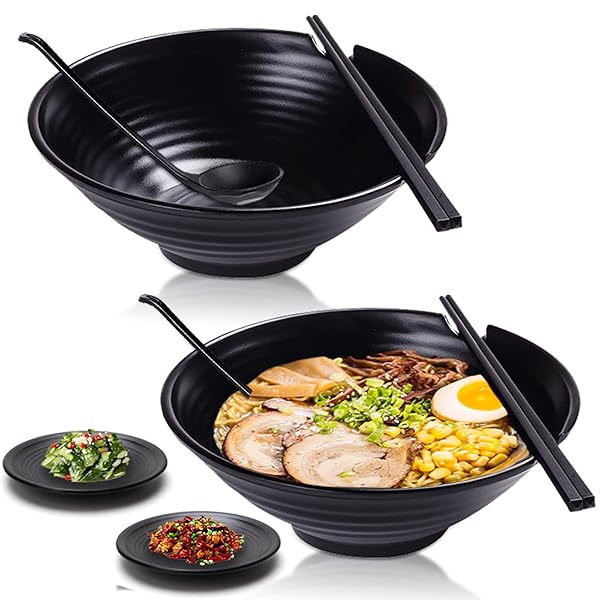 Vivimee Vivimee Unbreakable Japanese Ramen Bowl Set - 2 Large Matte Melamine Bowls with Spoons & Chopsticks for Pho, Udon & Asian Cuisine