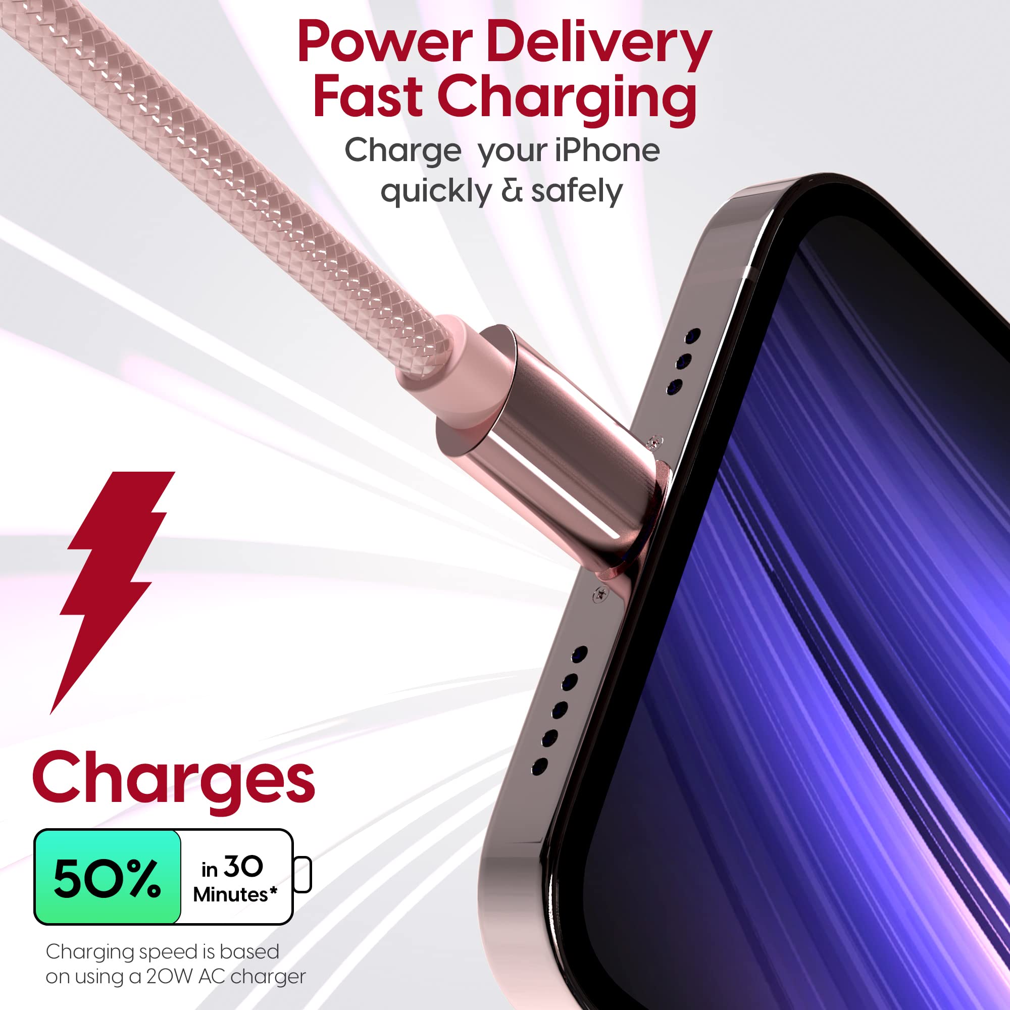 TalkWorks TalkWorks 10' USB C to Lightning Cable for iPhone 14/13/12 - MFI Certified, Braided, Rose Gold - View 3 of 7