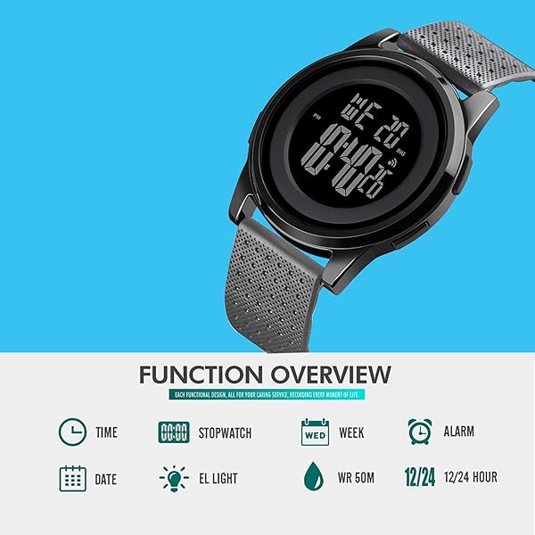 YUINK YUINK Ultra-Thin Digital Sports Watch Waterproof Stainless Steel Fashion Wrist Watch for Men and Women Black Grey L - View 3 of 7
