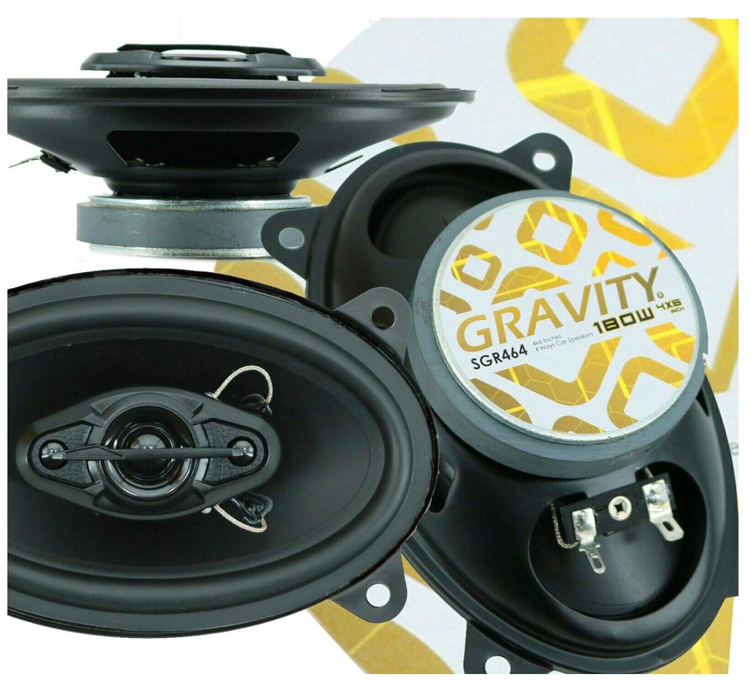 4X Gravity SGR464 4x6 Inch 4 Way Car Audio Speakers 180 Watts Peak Power Alpha Cellulose Cones Moisture Resistant Rubber Surround 2 Pairs