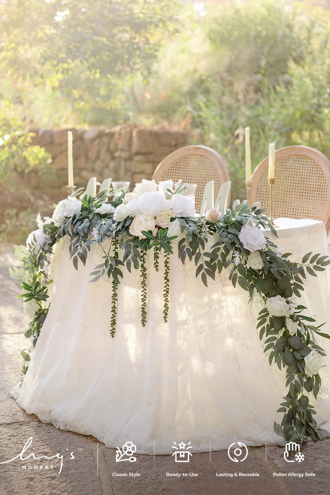 Ling's Moment 9FT Spring Flower Garland for Wedding Arch and Reception Decor with Eucalyptus and Rose Artificial Flowers in White and Sage - View 3 of 8