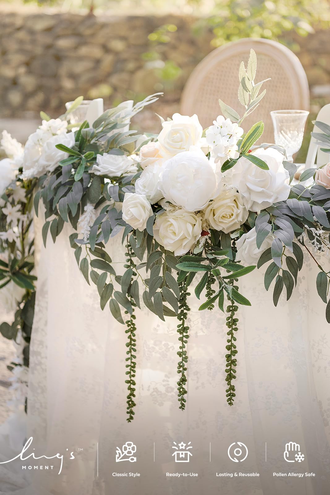 Ling's Moment 9FT Spring Flower Garland for Wedding Arch and Reception Decor with Eucalyptus and Rose Artificial Flowers in White and Sage - View 5 of 8