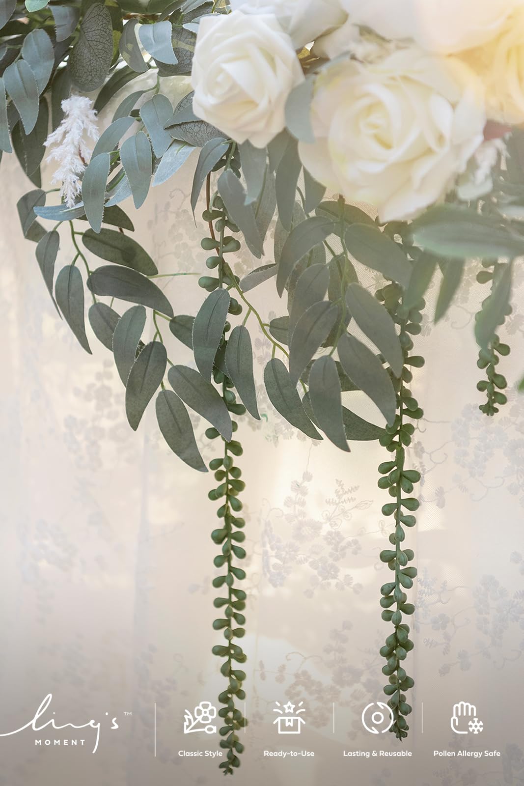 Ling's Moment 9FT Spring Flower Garland for Wedding Arch and Reception Decor with Eucalyptus and Rose Artificial Flowers in White and Sage - View 6 of 8
