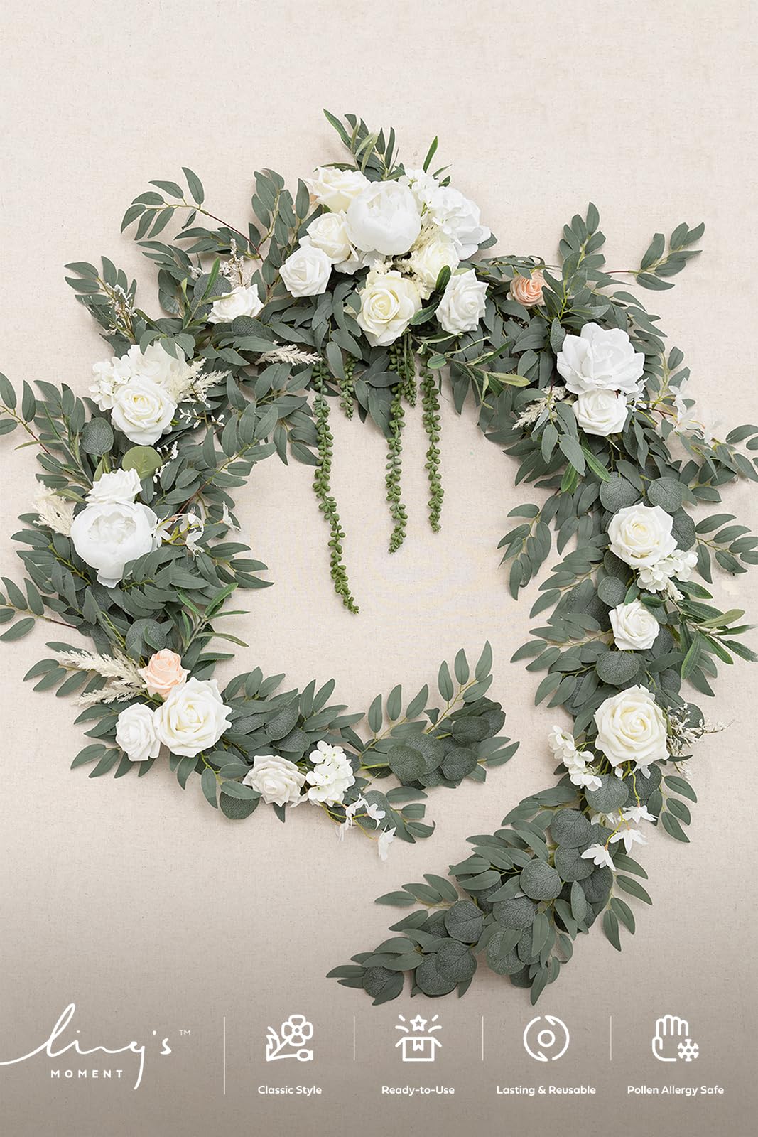 Ling's Moment 9FT Spring Flower Garland for Wedding Arch and Reception Decor with Eucalyptus and Rose Artificial Flowers in White and Sage - View 7 of 8