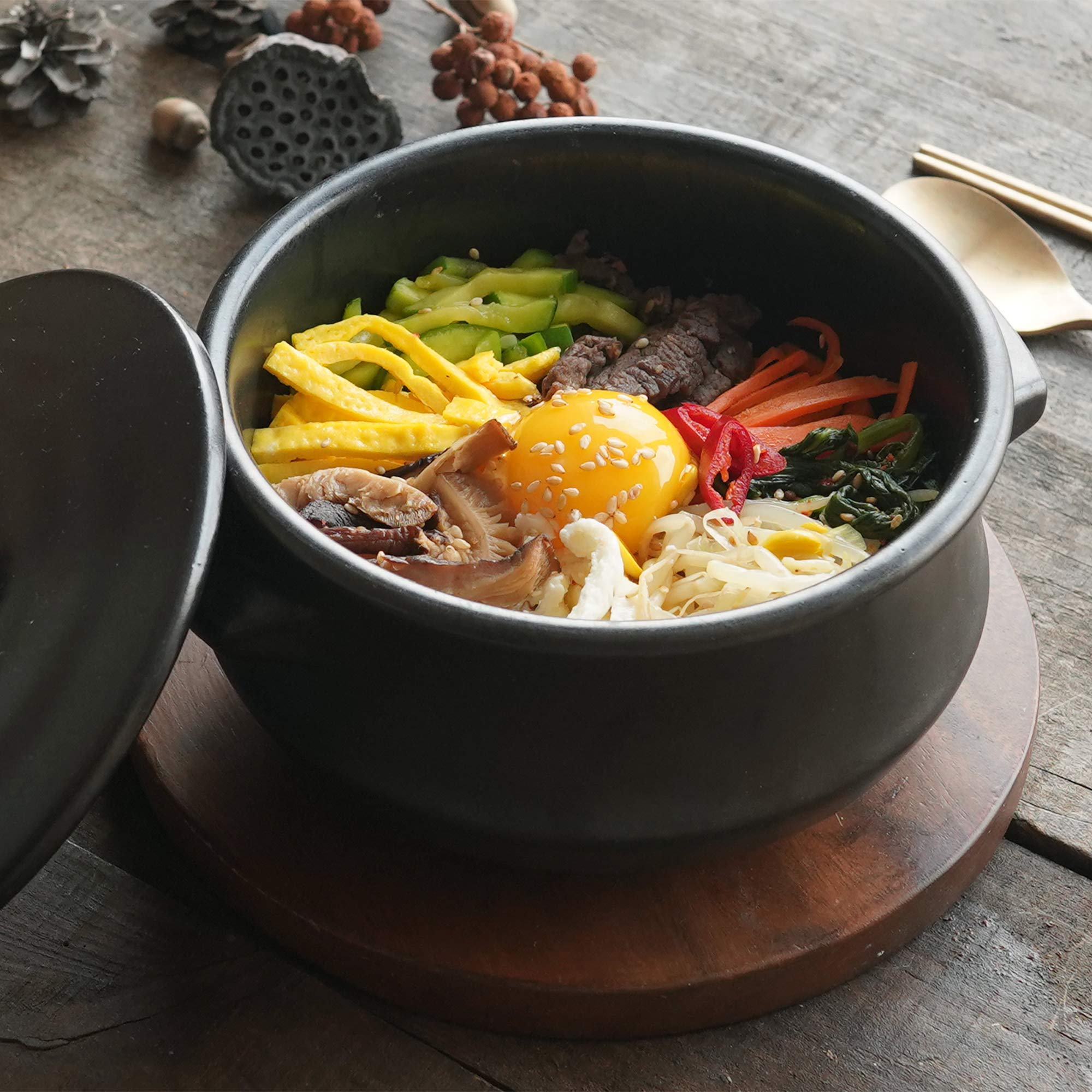 ElinCube Premium Korean Stone Bowl with Lid and Platter for Hot Pot Dolsot Bibimbap and Soup Cooking - View 5 of 7