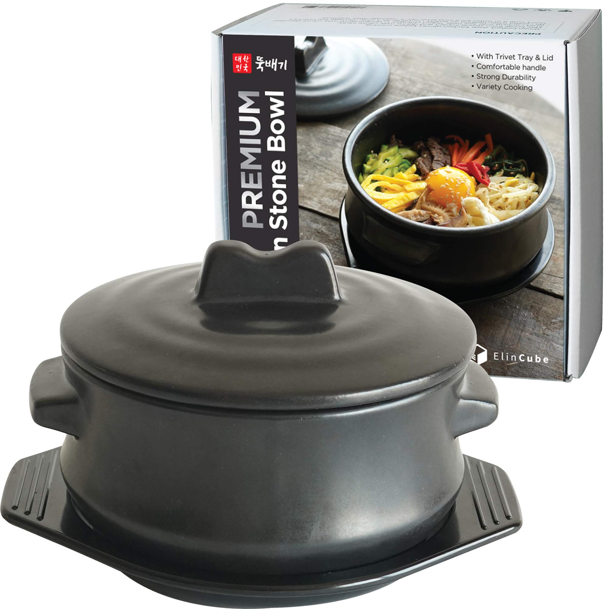 ElinCube Premium Korean Stone Bowl with Lid and Platter for Hot Pot Dolsot Bibimbap and Soup Cooking
