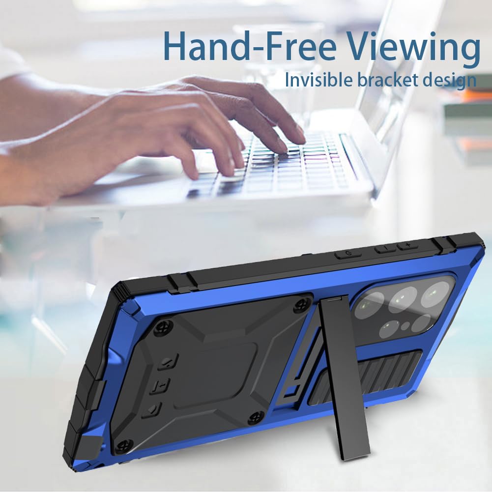 Simicoo Simicoo Samsung S24 Ultra Metal Bumper Silicone Case with Stand and Screen Protector Rugged Heavy Duty Outdoor Protection Blue - View 6 of 9