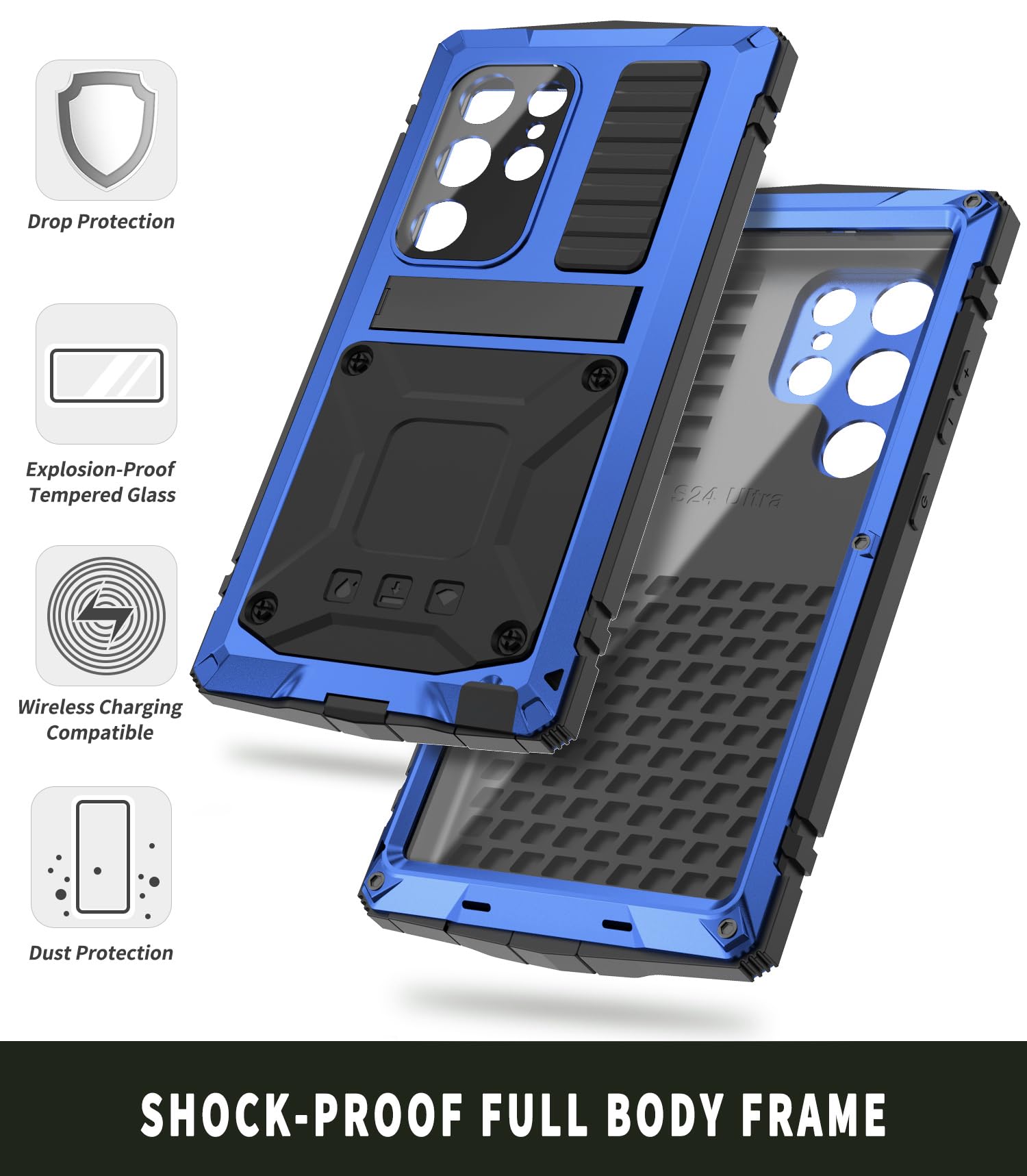 Simicoo Simicoo Samsung S24 Metal Bumper Silicone Case with Stand and Screen Protector Durable Shockproof Heavy Duty Rugged Outdoor Cover Blue - View 3 of 9