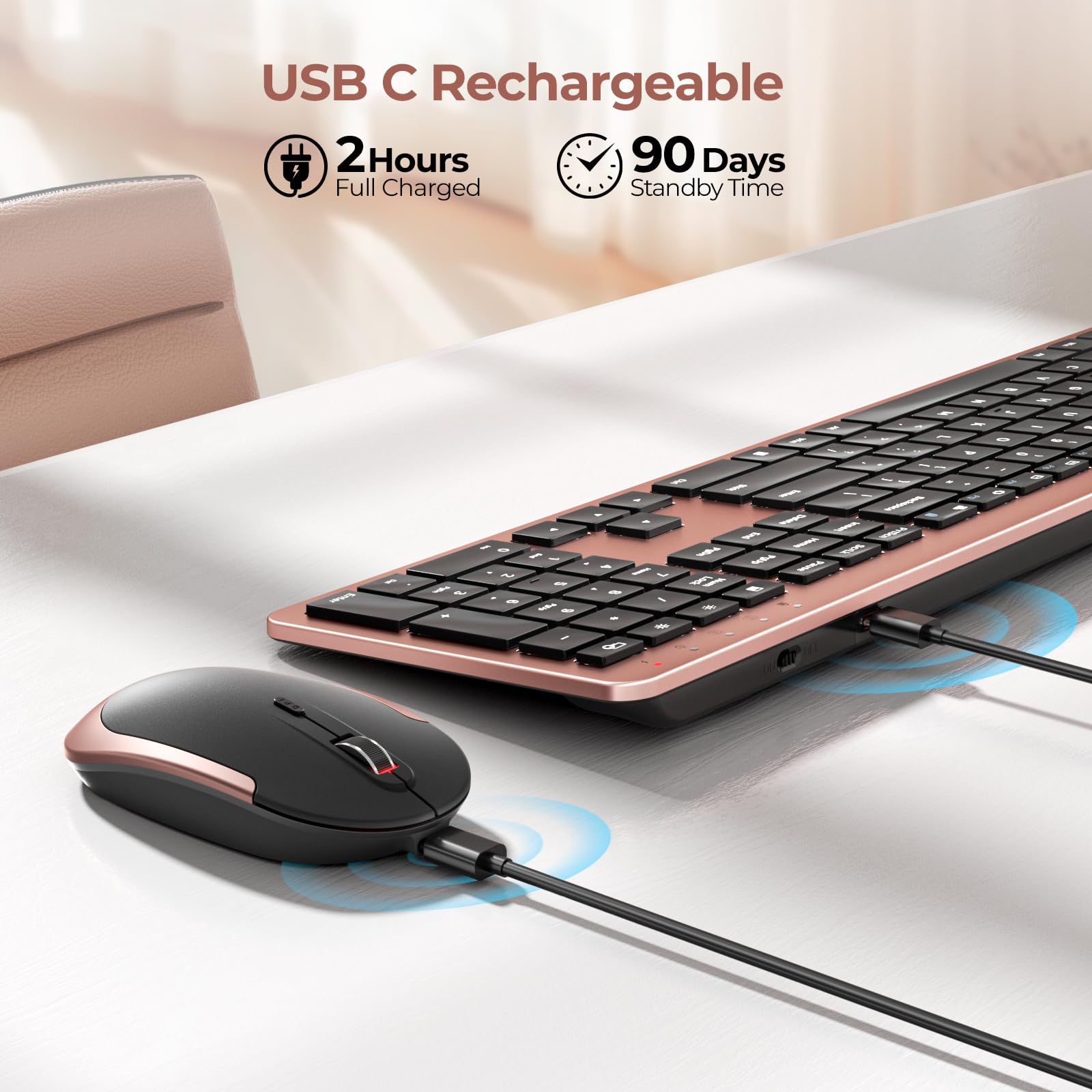 Seenda Rechargeable Wireless Keyboard Mouse Combo Full Size Cordless Ultra Thin Quiet Keyboard and Mouse Set Rose Gold Black - View 2 of 8